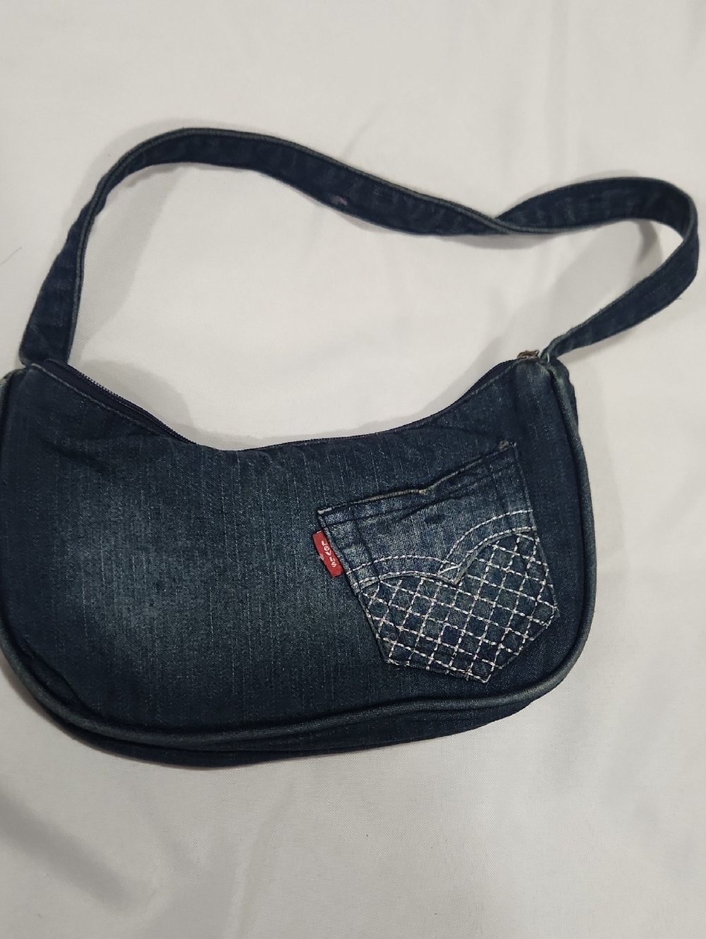 Denim Shoulder Bag with Quilted Pocket - Dark Blue